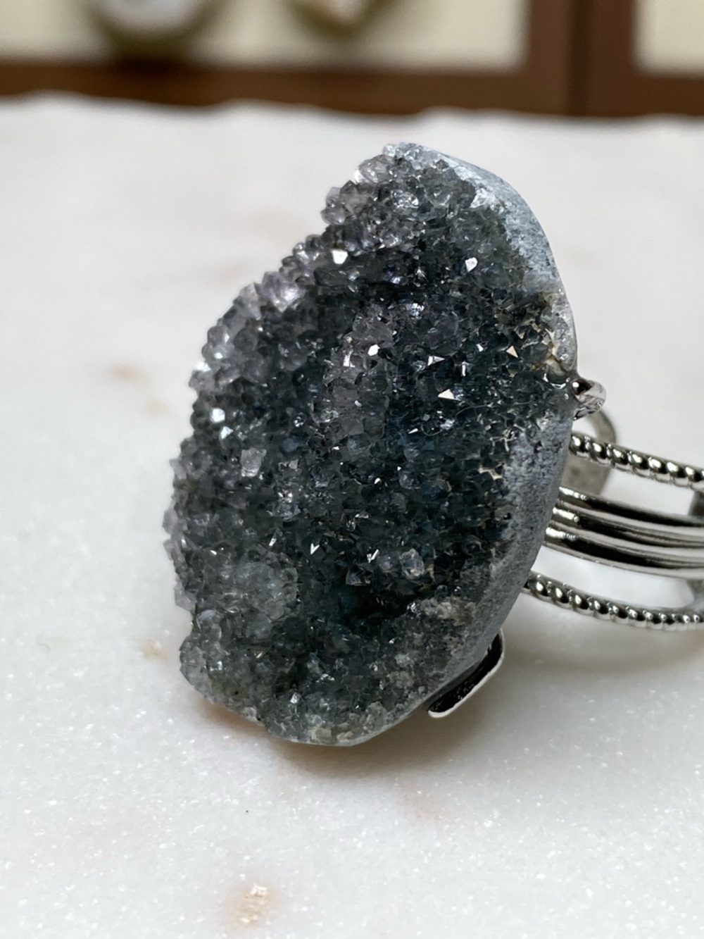 Apophyllite Druzy Ring • Raw Crystal Cluster • Adjustable Silver Statement Ring - Picture 6 of 14